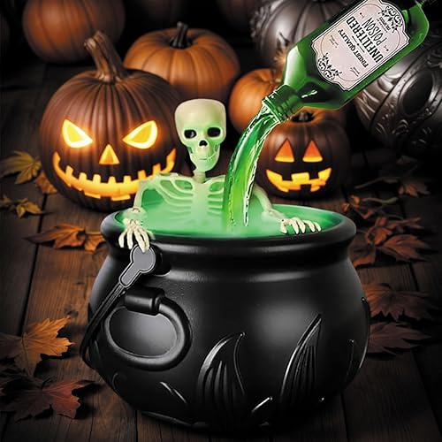 RLBBTY Halloween Witch Bucket,Halloween Cauldron Decoration with Magic Floating Potion Bottles and Diffuser,DIY Spooky Vintage Black Plastic Witches for Home Table Mantel Kitchen (with Skeleton)