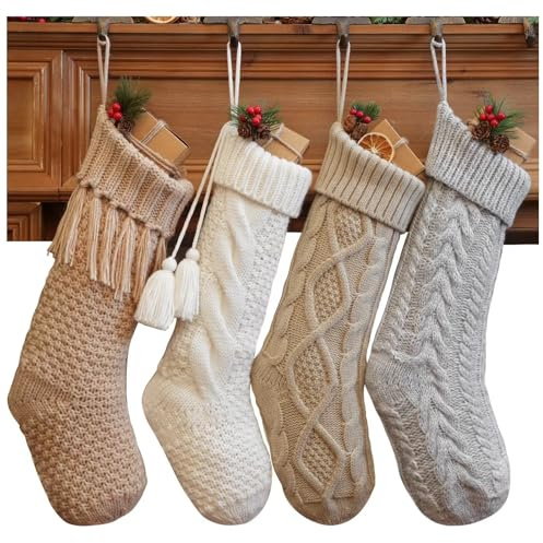 4 Pack White Knit Christmas Stockings – Large 18” Rustic Farmhouse Vintage Cable Knit Holiday Stockings, Cream Ivory Neutral Boho Style for Fireplace Mantel Hanging Family Décor (Linen Color)