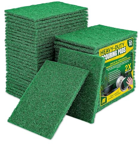 AIBULO Heavy Duty Scouring Pads Green (3.9 x 5.9 inch / 10 x 15 cm) Pack of 10– Non-Scratch Reusable Cleaning Pads for Kitchen, Pots, Pans, Dishes & Bathroom – Durable Multi-Purpose Pads