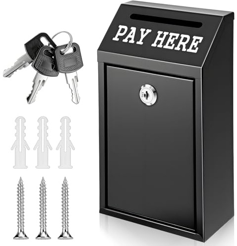 Yuanan Money Drop Box, 10.2 X 5.7 X 2.8 Inch Black Metal Donation Box with Lock and Slot Wall Mount Pre Drilled Safe Suggestion Boxes Safe Cash Boxes for Farmstand Sales Home Office and Business