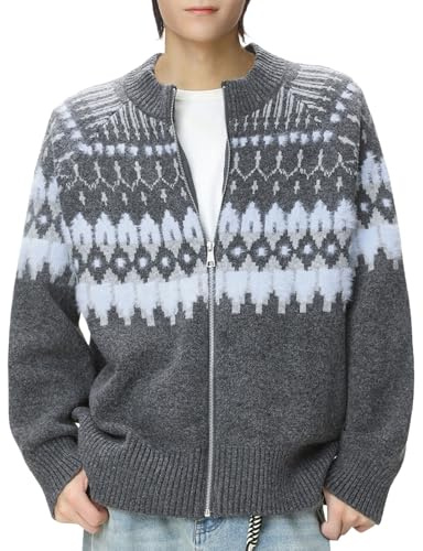 KBOPLEMQ Jersey de punto para hombre, corte ajustado, cárdigan con cremallera, chaqueta de lana cálida, suéter de punto grueso, suéter unisex islandés, patrón noruego, chaqueta suéter de lana, O gris