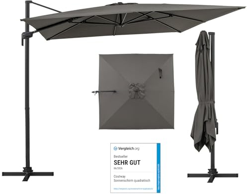 COSTWAY Sonnenschirm 300 x 300 cm, Alu Ampelschirm mit Kurbel, Gartenschirm neigbar, 360° drehbar, großer Terrassenschirm, quadratischer Marktschirm für Garten, Terrasse, Anthrazit