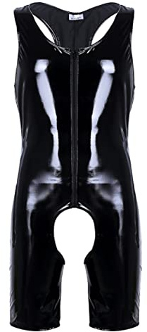 FEESHOW Herren Wetlook Body Jumpsuit Lederoptik Top Trikot Ringershirt Männer Lackleder Dessous Unterwäsche Offener Schnitt