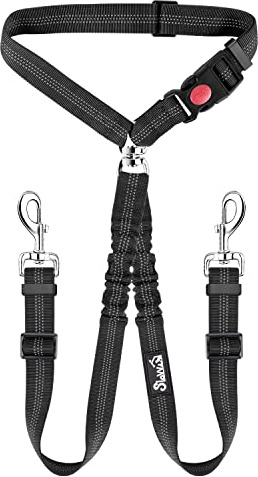 SlowTon Doppelter Anschnallgurt Hund Auto, 2 in 1 verhedderungsfreier langlebiger elastischer Hunde Sicherheitsgurt, Hundegurt mit drehbarem Edelstahl Karabiner für 2 Hunde in der Fahrzeugreise