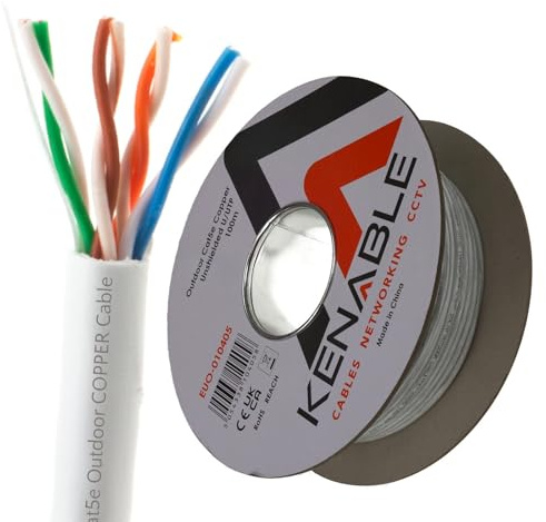 kenable Cable de Red Ethernet CAT5e Exterior COBRE Puro UTP Bobina 100 m [100 metros/100m] BLANCO Impermeable UV Resistente