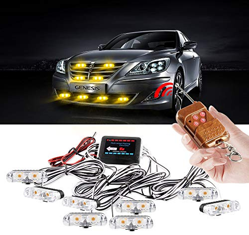 yifengshun 8 in 1 LED Lumières Stroboscopiques D'urgence pour Camion Véhicule Avertissement Clignotant Grille de Guide Flash DRL Police Voiture Moto DC12V Télécommande Sans Fil (Ambre)