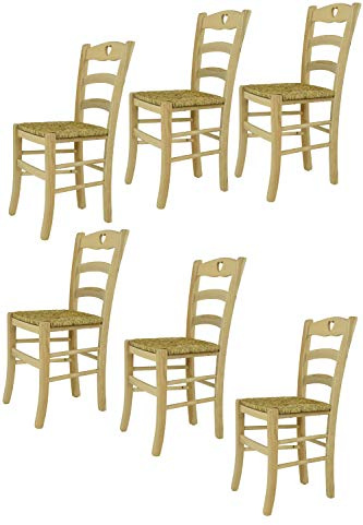 t m c s Tommychairs - 6er Set Stühle Cuore für Küche und Esszimmer, robuste Struktur aus poliertem Buchenholz, unbehandelt und 100% natürlich, Sitzfläche aus echtem Stroh