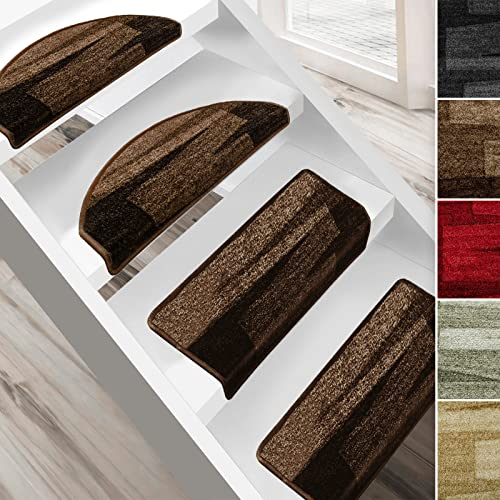 Floordirekt Stufenmatten Via Veneto mit Pinselstrich Design 15 Stück Spar Set Treppen-Teppich | 65 x 23,5cm, halbrund, sauber eingekettelt, Starke Befestigung, stabile Winkelschiene/Farbe Braun