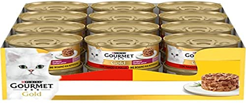 GOURMET Gold Intrecci - Cibo Umido per Gatti Adulti Bocconcini con Manzo e Pollo in Salsa - 24 Lattine da 85 g, Alimento Completo
