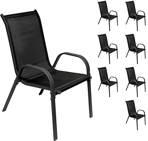 INDA-Exclusiv 8er Set Gartenstuhl Gartensessel Stapelsessel stapelbar mit Textilenbespannung Gartenmöbel Terrassenmöbel Anthrazit - Schwarz Metall - Textil