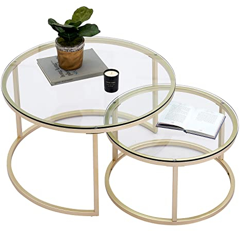 Gold Couchtische Glas, Couchtisch 2er Set mit 1 Großer Couchtisch Rund und 1 Kleiner Tisch, Beistelltisch Rund aus Metallgestell Wohnzimmertisch Modern