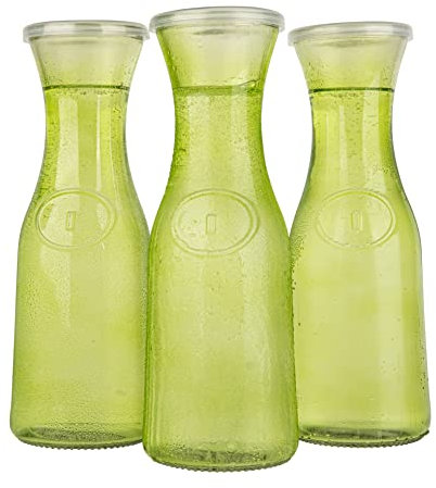 Kook Glass Carafe Pitchers, Beverage Dispensers, Clear Jugs For Mimosas, Water, Wine, Milk and Juice, with Plastic Lids, Handwash Only, 35 oz, Set of 3 (Lime Green)