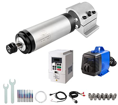 Kit de motor de husillo CNC, 220 V 2,2 kW 80 mm refrigerado por agua Motor CNC + 2,2 kW VFD + Montaje de abrazadera + bomba de agua + tubo de agua + collar conjunto + puntas + cables