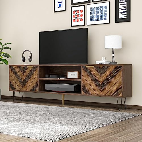 Mobile per TV in stile retrò, basso, moderno in legno con elegante eleganza, pratico spazio con due ante, ante in impiallacciatura di legno massiccio, maniglie in oro e piedini in ferro
