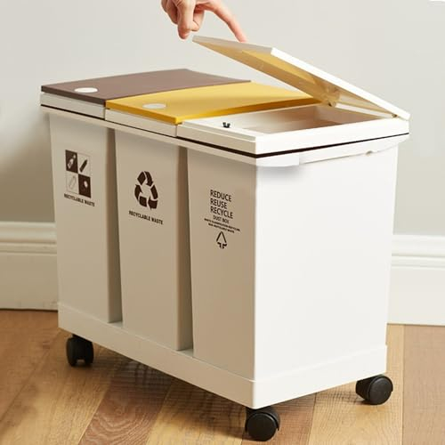 Nisorpa Rubbish Bin Kitchen 20Lx3 Recycling Bin with Wheels Trash Can Plastic with Lid Triple Recycling Bins for Kitchen
