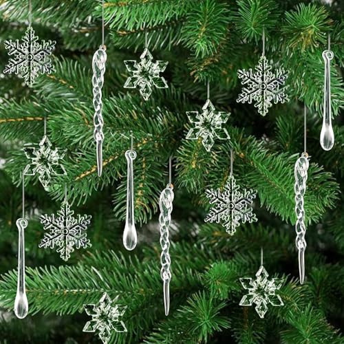 24 Stück Acryl Weihnachtsschmuck,Transparente Eiszapfen Schneeflocke Eistropfen Anhänger,Weihnachtsbaumschmuck,DIY Winterdeko (Acryl)