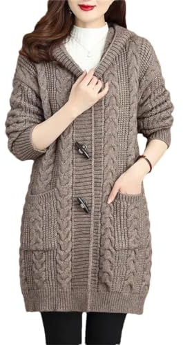 Cárdigan de otoño e invierno para mujer, suéter grueso, talla grande, chaqueta de punto con capucha, café, 5XL