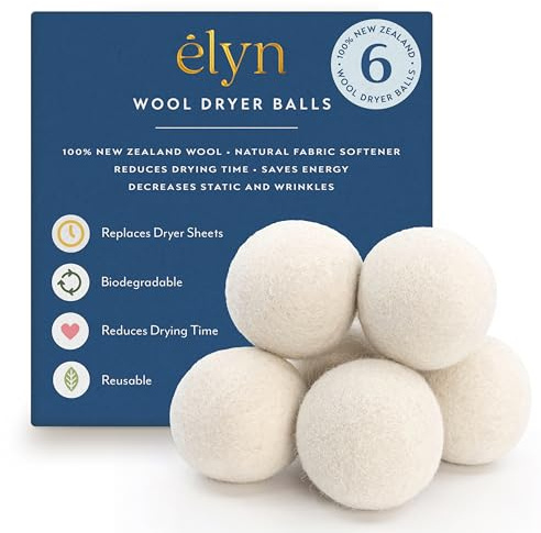 ELYN Wool Dryer Balls 6-Pack - XL, 100% New Zealand Wool, Reusable and Handmade. Fragrance-Free, Natural Fabric Softener, Reduce Wrinkles and Decrease Drying Time (White)