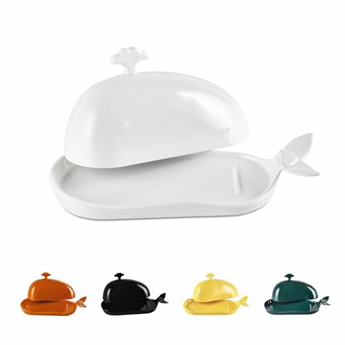 Beurrier avec couvercle pour comptoir, joli motif baleine, beurrier en céramique avec poignée, décoration de cuisine amusante, cadeau idéal pour pendaison de crémaillère, mariage, blanc