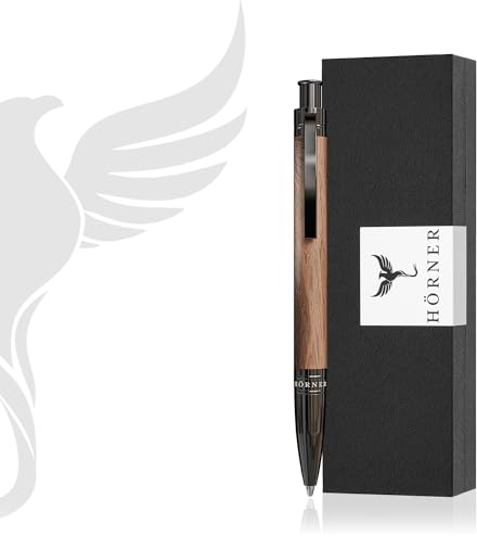 Hörner Boscus Design Kugelschreiber I Walnussholz I Blaue Tinte I Strichstärke M 1 mm I Druckkugelschreiber I Hochwertiges Etui mit Holzkugelschreiber I Stift für Männer und Frauen