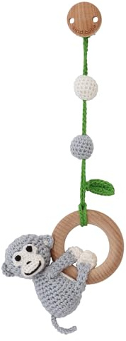 Sindibaba – Multifunktionales Hängespielzeug AFFE Charlie (grau, 23 cm, gehäkelt, mit Rassel) – Nachhaltiges Babyspielzeug mit weichem Greifling zum Aufhängen an Kinderwagen, Spielbogen & Bettchen