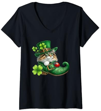 Womens St Patrick’s Day Cat in Shoes - Norwegian Forest - Cute V-Neck T-Shirt