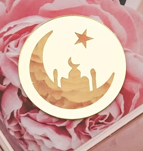 EID Mubarak Cupcake Toppers Engraved Discs - Iftar Party Cupcake Toppers - Ramadan Kareem Cupcake Topper - Acrylic Mirror Cake Topper - Pack of 6