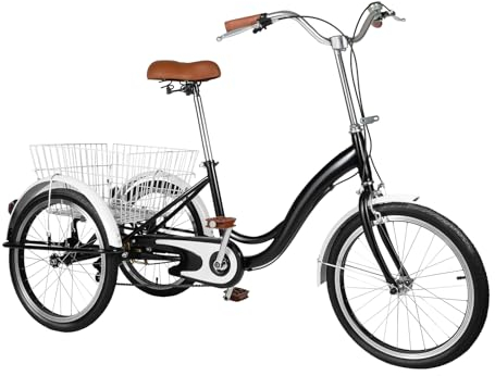LUNICASHA Dreirad für Erwachsene 20 Zoll Mit Einkaufskorb - Höhenverstellbares Fahrrad für Senioren Und Frauen, Schwarz