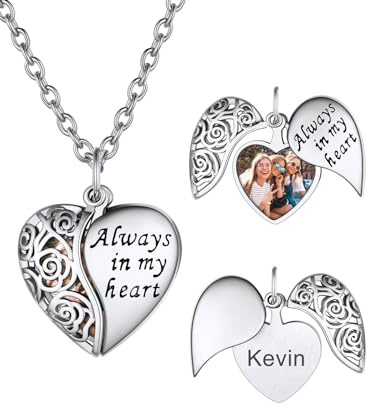 U7 Damen Halskette Medaillon zum Öffnen für Bilder Herz Anhänger mit Engelsflügel/Rose/Schmetterling Kupfer Fotokette mit Gravur Locket Memorial Fotoanhänger Personalisiert Modeschmuck für Geburtstag