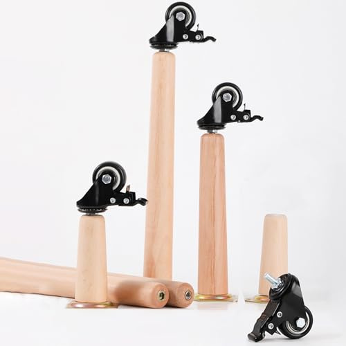 HFDASUENT 4 Stück Holz Möbelfüße mit Lenkrollen, Massivholz Konisch Ersatz Tischbeine mit Bremse Rollen Sofafüße Sockelfüße für Sofa Bett Schrank Couch Stuhl