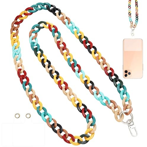 Chaine Telephone Portable Bijoux Multicolore avec 2 Patch, Universelles Chaine de Telephone, 120 CM Collier Telephone Portable en Acrylique, Cordon Telephone Portable Bijoux, Tour De Cou Telephone