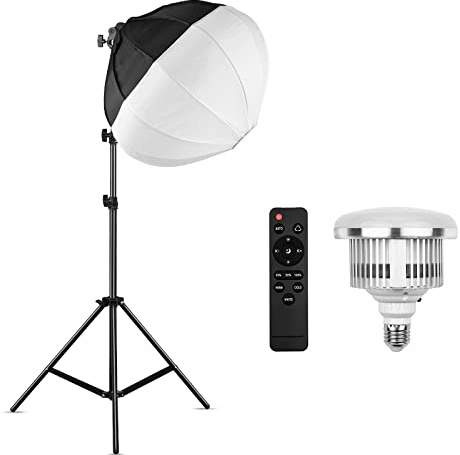 ACAGALA Lanterne photo Softbox Kit d'éclairage avec boîte à lumière sphérique pliable de 50 cm + ampoule LED 85 W 3000 K-6500 K + télécommande + trépied de lumière en métal de 2 m