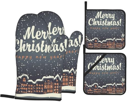 Ofenhandschuhe und Topflappen-Set, Weihnachtsstadt, Schnee, hitzebeständig, Küchen-Backhandschuhe, rutschfeste Oberfläche zum Kochen, Backen, Grillen, Grillen