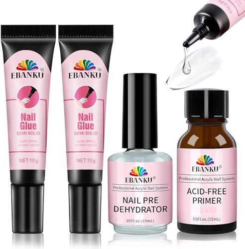 EBANKU Fester Nagelkleber mit Nagel Dehydrator und Primer Set, Extra Stark Kleber für Press On Nails, NO UV Needed Curing, Nail Prep Dehydrator und No Lift Nail Primer