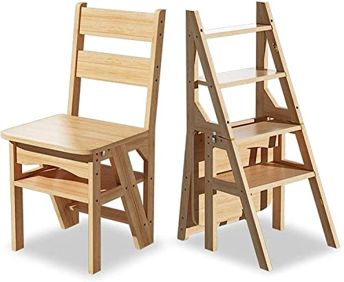 Telescopic Folding Step Ladder for Adults Collapsible Wood 4 Step Stool with Small Foot Stools for Kitchen Wooden Ladders in Wood Color