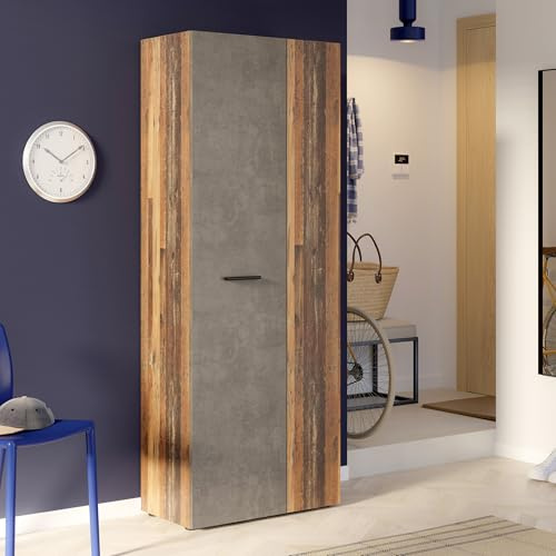 Forte NET106 Schrank 70, Schuhschrank, Garderobenschrank, Abstellraum, Drehtürenschrank, 2-türig mit Einlegeböden, Betonoptik mit Holzdekor: Vintage Eiche, 68,7 cm breit x 181,1 cm hoch x 36,5 cm tief