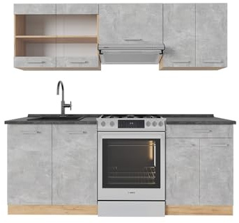 Vicco Küchenzeile R-Line, Küchenblock, Beton/Goldkraft Eiche, 200 cm, AP Anthrazit