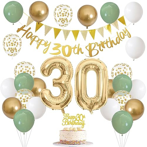Geburtstagsdeko 30 Frau Männer Salbeigrüne Deko 30. mit Banner 30. Geburtstag Girlande Zahl 30 Luftballons Grün Weiß Gold Party Ballons Tortendeko für 30 Geburtstag Dekoration