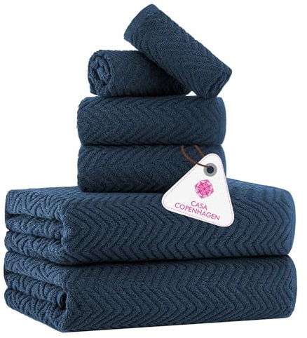 Casa Copenhagen Wave Textured, Juego de Toallas de 6 Piezas - Azul Marino, 550 g/m², 2 de baño, 2 de Mano, 2 Toallas de Mano, de algodón para Uso áspero y Duro, Set de Regalo para baño