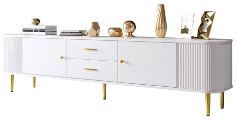 Pangshiyuan TV-Schrank mit Schubladen, gewellten Seiten und goldenen Griffen, 170x34x45 cm, Weiß, MDF, Wohnzimmer TV-Schrank mit geschwungenen Ecken, ideales Design für Moderne Räume