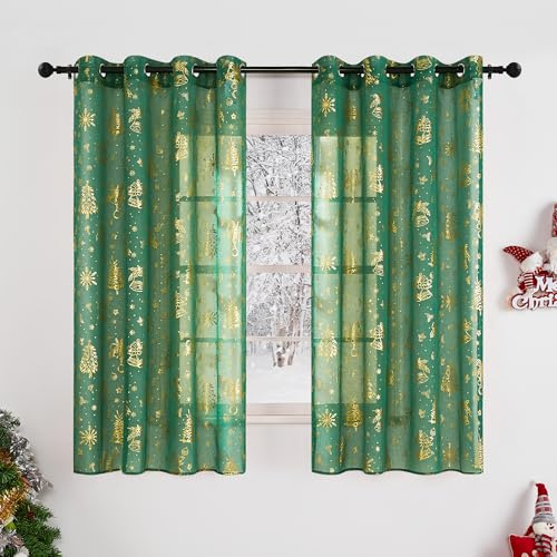 KGORGE Cortinas Cortas para Ventanas, Cortinas y Visillos Translucidos Suaves Estampdas Navideños con Ojales 2 Piezas para Cocina/Salon/Comedor,140x145cm,Verde