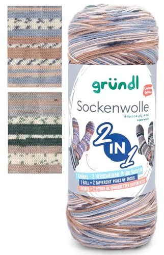 Gründl 2-in-1 Sockenwolle, 75% Schurwolle 25% Polyamid, 200g/840m, für 2 Paar Socken, Nadelstärke 2-3mm (05)