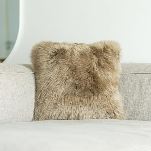 Nordic Sheep Housse de Coussin en Peau de Mouton 40x40 cm | Poils Longs durables de Nouvelle-Zélande pour Un Style Nordique | Oreillers Moelleux pour canapé, Chaise et lit | Couleur: Brun Clair