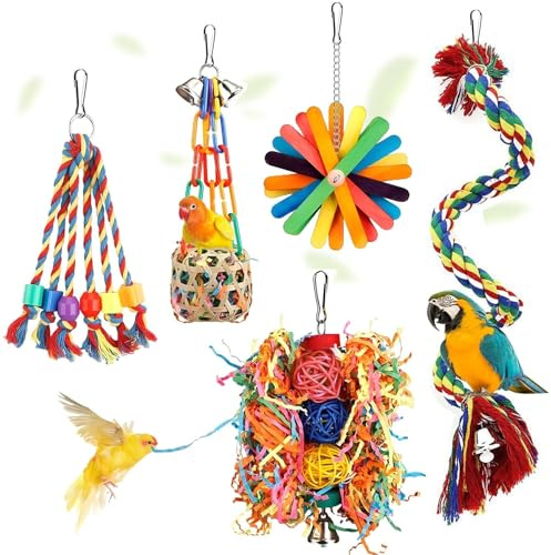 Dwitkul Jouet pour Oiseaux Perchoir en Corde Colorée Jouet à Suspendre en Papier Déchiqueté Clochette Hamac Échelle Accessoire à Mâcher pour Cage Calopsitte Inséparable