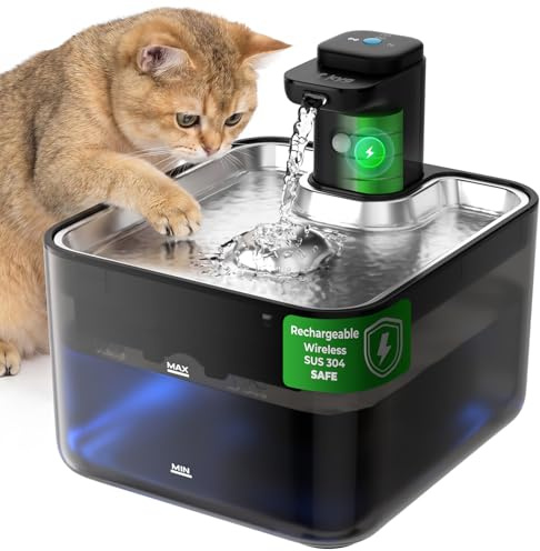 KYG Fuente de Agua para Gatos Inalámbrica 3L, Bebedero Automático con Sensor de Movimiento, Bandeja de Acero Inoxidable 304, Bomba Silenciosa, Batería 4000mAh (Módulo de Alimentación Extraíble), Negro