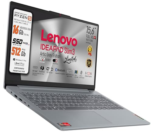 Lenovo, pc portatile Notebook, AMD Ryzen 5 5625U, 6 Core, Ram 16Gb, Display FHD IPS 15,6, SSD Nvme 512Gb, Wi-Fi 6, Bt, fingerprint, USB type-c, Tastiera retroilluminata, Win11 Pro, Pronto all'Uso