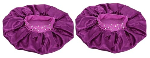TOGEVAL 2Pcs Elastic Bath Caps for Adults Purple Large with Star Rhinestones Wide Brim Satin Sleep Bonnet for Shower Spa Makeup and Hair Protection