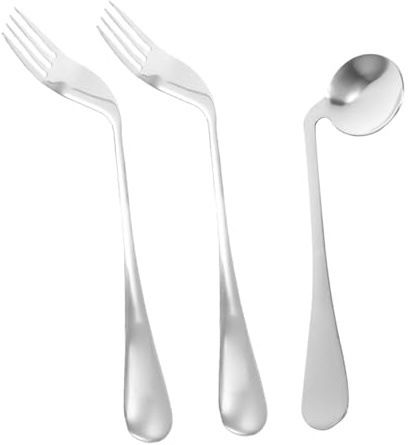 TOPPERFUN Cubiertos Ergonómicos de Acero Inoxidable Cuchara Angular para Alimentación de Pacientes Tenedores Curvos para Personas Mayores Diestros Utensilios Resistentes y Cómodos para