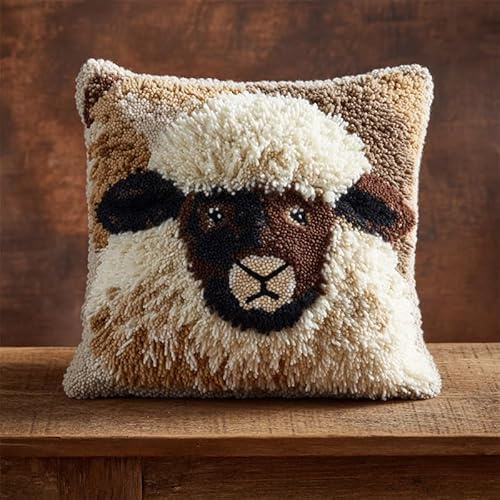 AxiangziK Knüpfkissen Zum Selber Knüpfen,Tierziege,DIY Kissen Hülle Knüpfset,Kissenbezug Knüpfen Set Kreuzstich für Kinder Erwachsene,17x17in