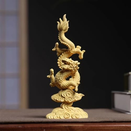 FENNYYAR Estatua de dragón de boj de bestia china auspiciosa tallada en madera maciza, 13 cm, 5,1 n, adornos de mesa para el hogar, la oficina